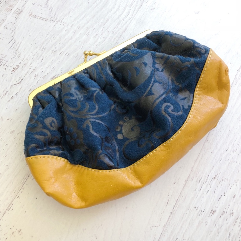 Navy and mustard yellow velvet clutch